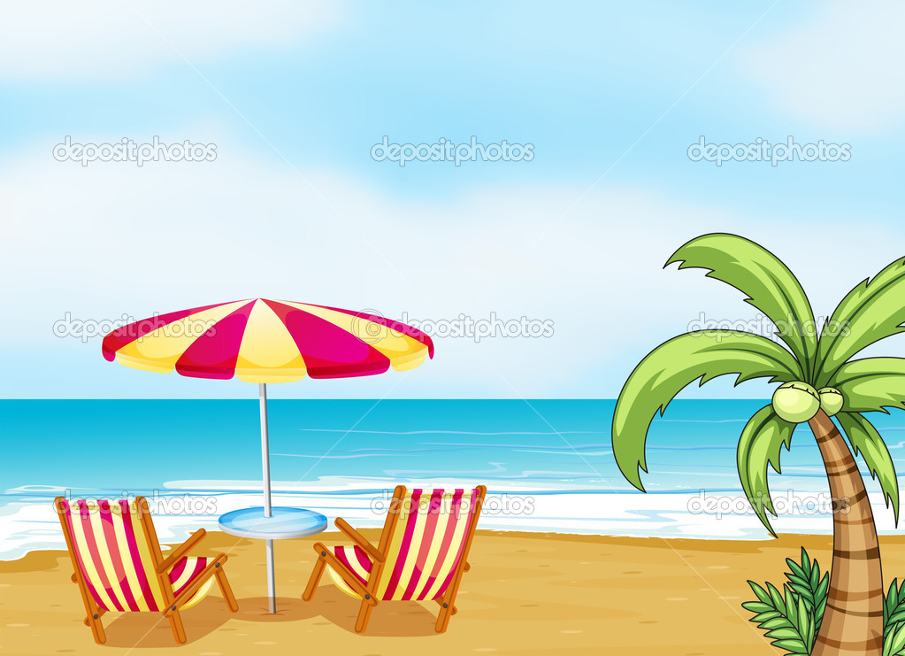 The beach with an umbrella and chairs