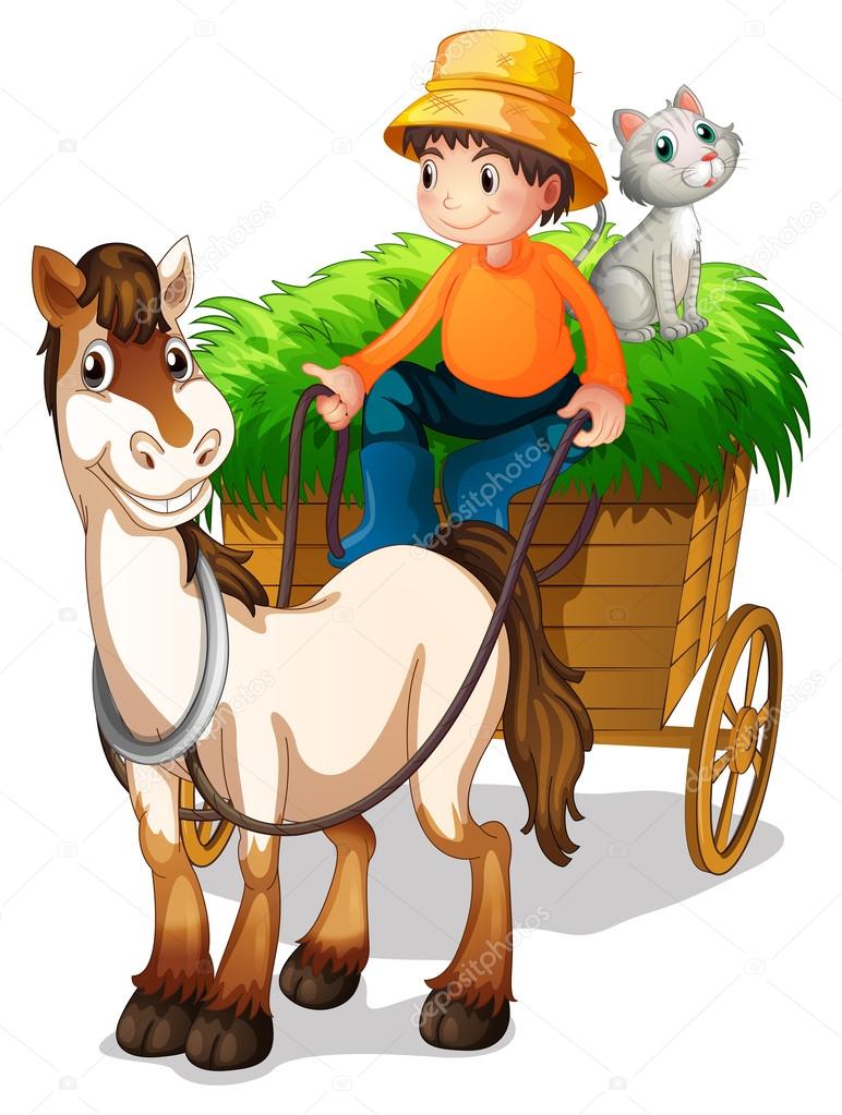 A farmer riding a cart with a cat at the back