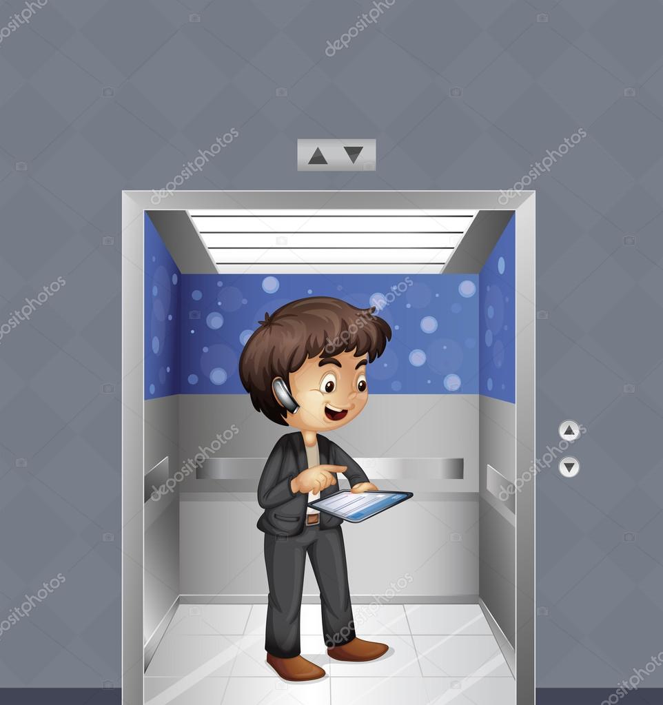 A boy holding an ipad inside the elevator Stock Vector by