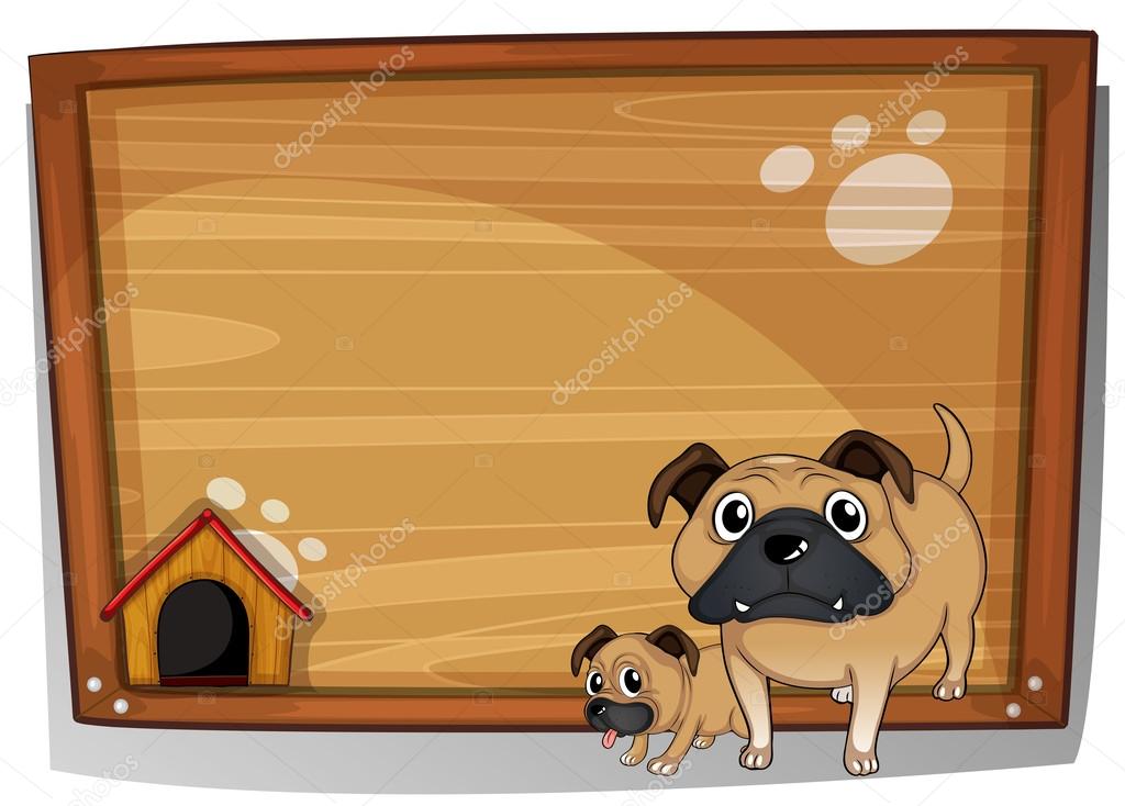 Two bulldogs beside a wooden board