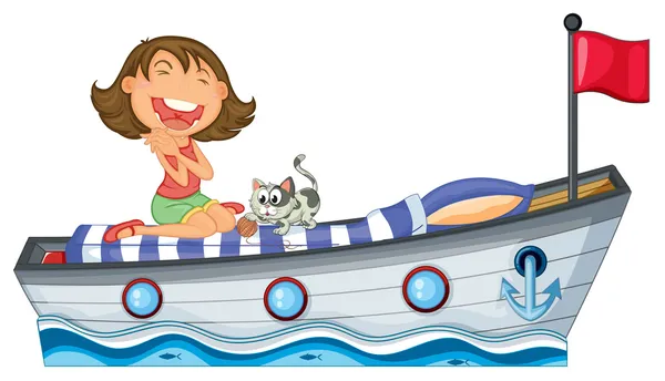 Лодка с девушкой и котом — стоковый вектор