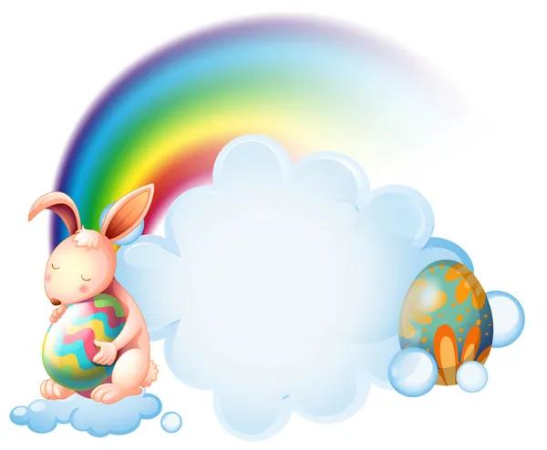 Ein Hase umarmt ein Osterei in der Nähe des Regenbogens — Stockvektor