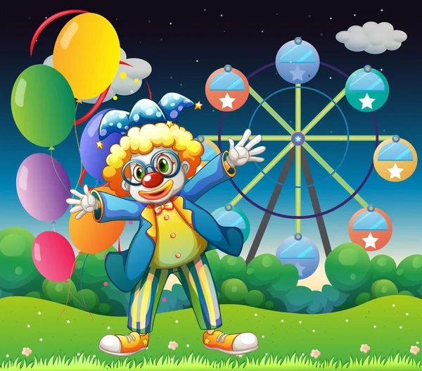 A clown with balloons near the ferris wheel — Stock Vector