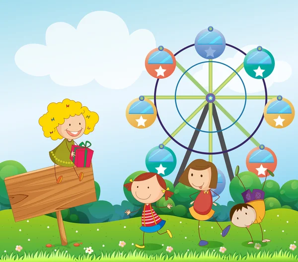 Uma tabuleta vazia com crianças perto de uma roda gigante — Vetor de Stock