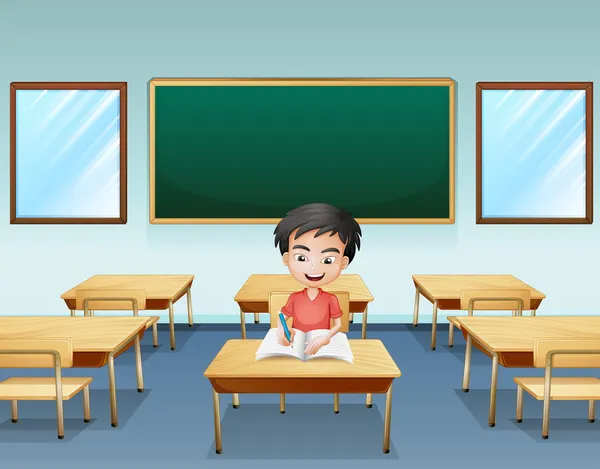 Un niño dentro de una clase con una tabla vacía en la parte de atrás — Vector de stock