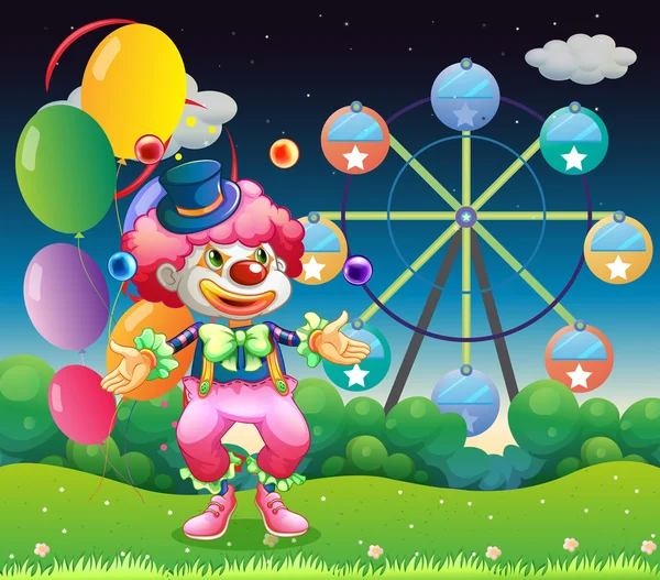 A ferris wheel and the clown with balloons — Stock Vector