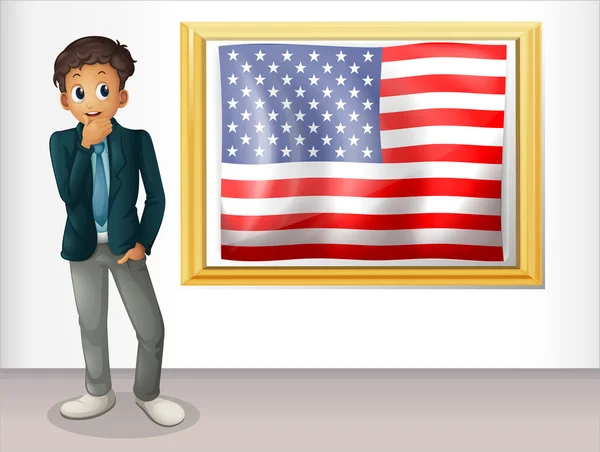 Una bandera enmarcada de los EEUU al lado de un hombre — Vector de stock