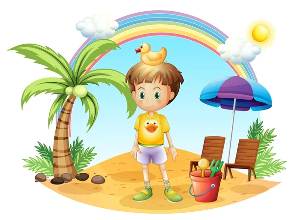 A young child with his toys near the coconut tree — Stock Vector