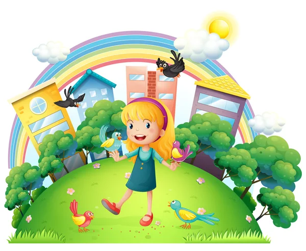 A young girl with a lot of birds — Stock Vector