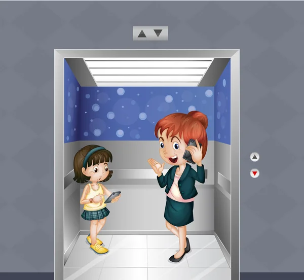 A woman and a child at the elevator — Stock Vector