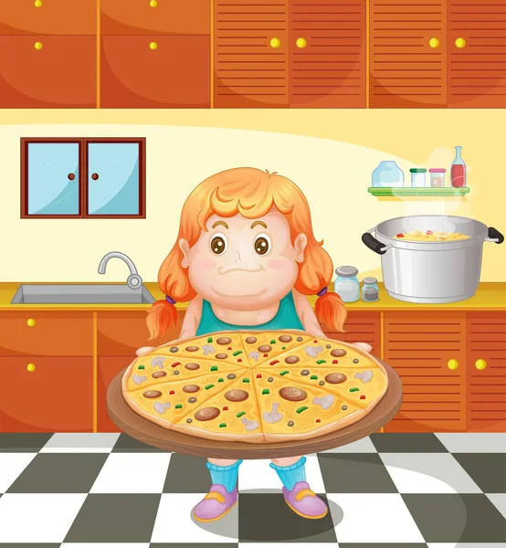 Een dikke jonge vrouw met een pizza — Stockvector