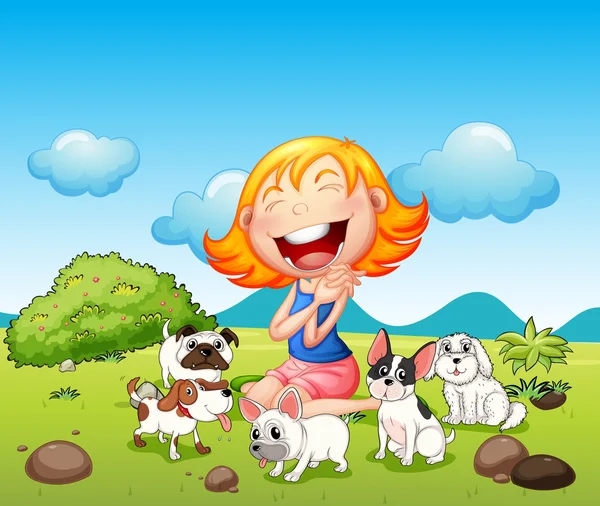 Una signora felice con i suoi animali domestici — Vettoriale Stock