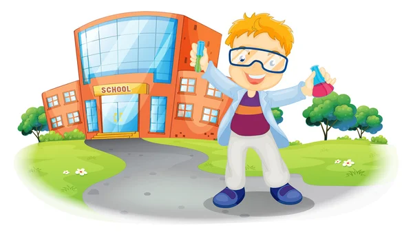 A scientist in front of a school building — Stock Vector