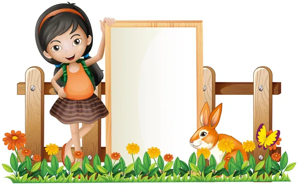 A girl standing beside an empty frame with a bunny — Stock Vector