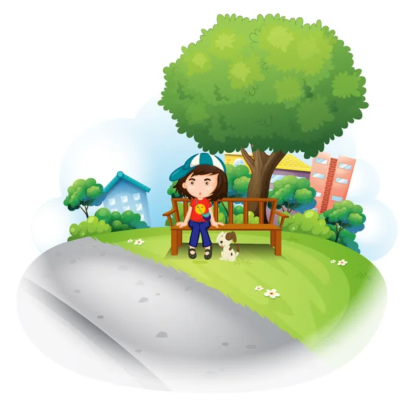 Ένα κορίτσι που κάθεται στο ξύλινο πάγκο κοντά το μεγάλο δέντρο — Διανυσματικό Αρχείο