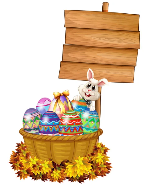 Um coelho e uma cesta com ovos perto de uma sinalização —  Vetores de Stock
