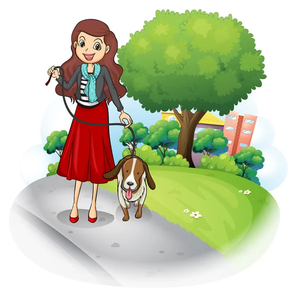 A woman with her dog at the road — Stock Vector