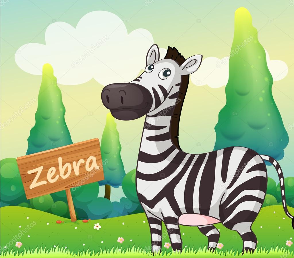 A zebra beside a signboard