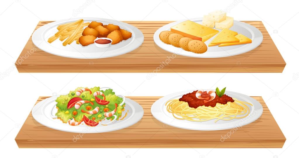 Two wooden trays with four plates full of foods