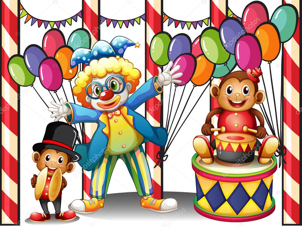 A carnival with a clown and monkeys