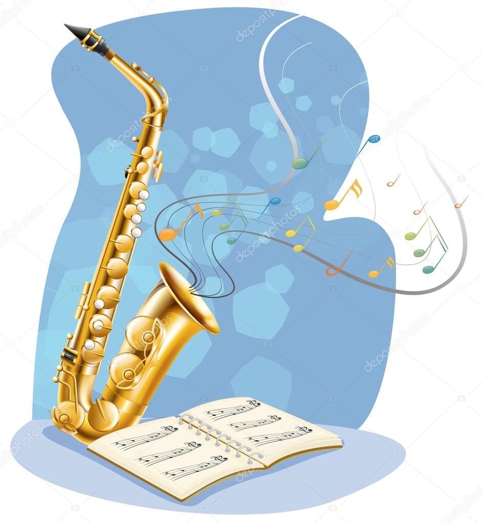 A saxophone with a musical book
