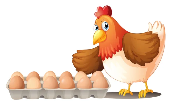 A dozen of eggs in a tray and the hen — Stock Vector