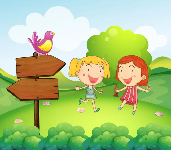 Een houten plank met een vogel naast de twee jonge meisjes — Stockvector