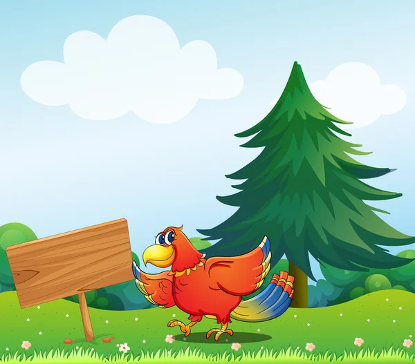 在空的木制招牌旁边的一只鸡 — 图库矢量图片