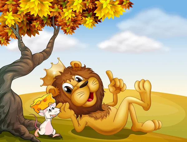 Βασιλιάς λιοντάρι και ποντίκι κάτω από το δέντρο — Διανυσματικό Αρχείο