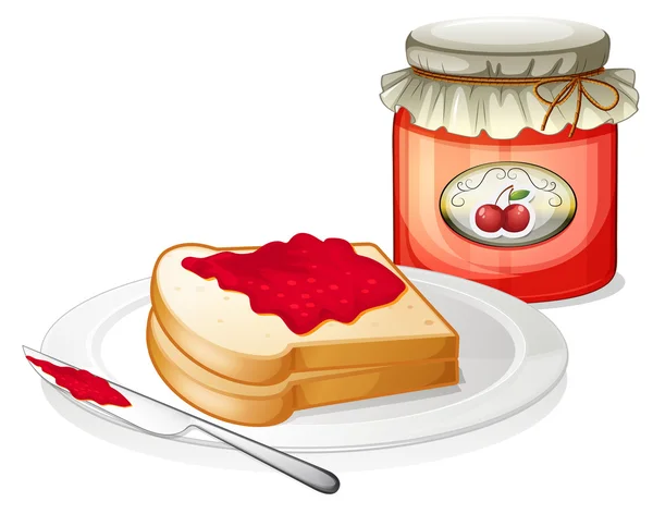A sandwich inside the plate with a cherry jam — Stock Vector