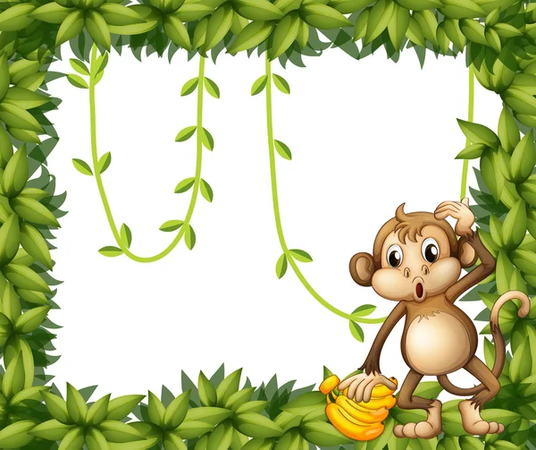 Una cornice di foglie con una scimmia e banane — Vettoriale Stock