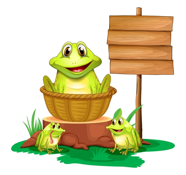 A frog inside a basket near the empty signboard — Stock Vector