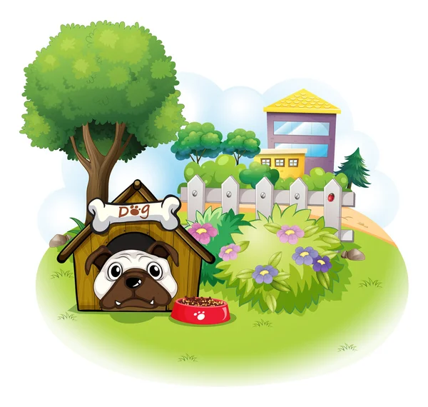 Pies w ogrodzie na wysokie budynki — Wektor stockowy