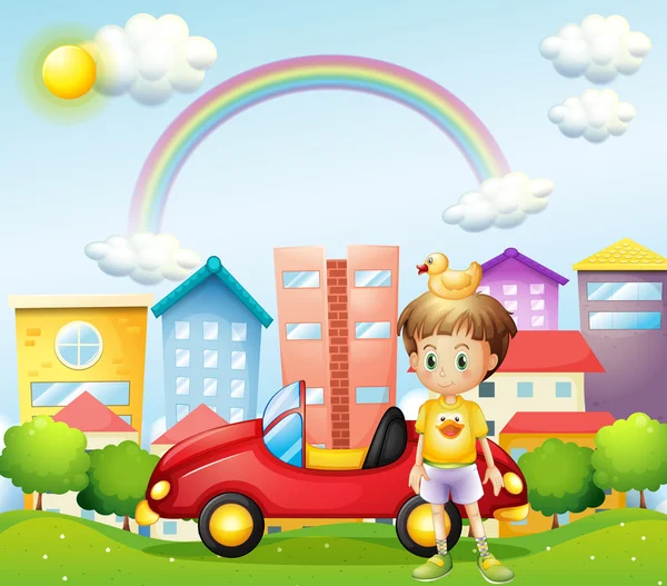 A young boy with a rubber duck and his car in front of the high — Stock Vector