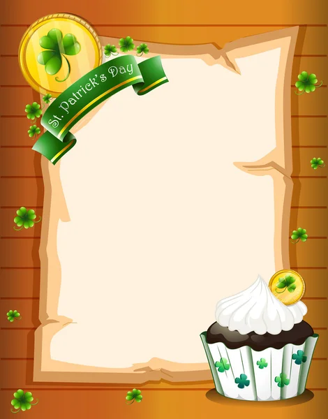 Een blanco papier met een groet van St. Patrick's Day en een cupcake — Stockvector