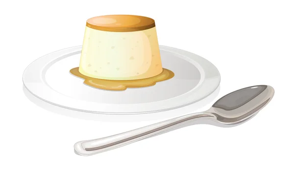 Uma colher ao lado de um prato com um flan de leite —  Vetores de Stock