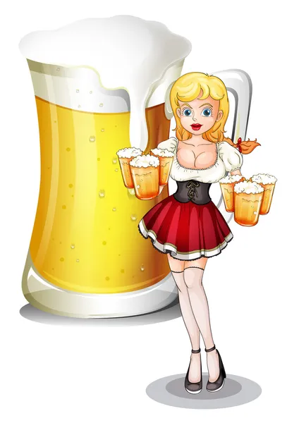 Une serveuse avec six tasses de bières froides — Image vectorielle