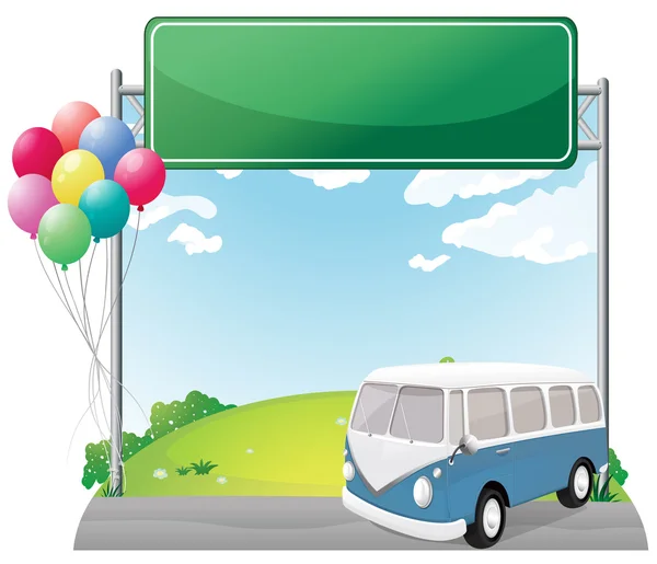 Ein Bus in der Nähe einer leeren Tafel mit Luftballons — Stockvektor
