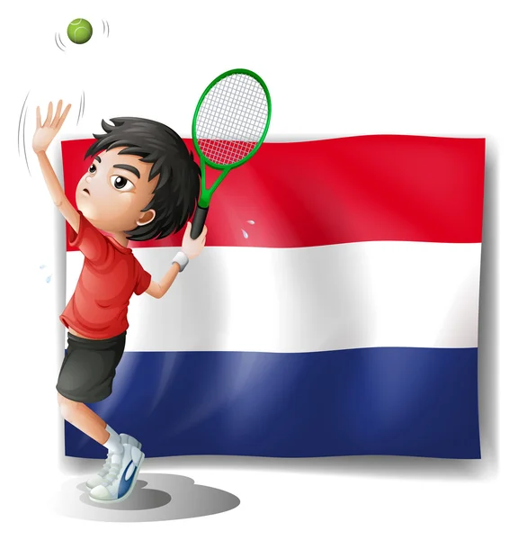 Chlapec hrát tenis před vlajkou Nizozemska — Stockový vektor