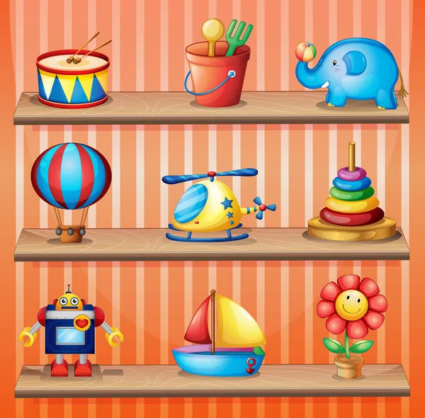 Collections de jouets qui sont correctement disposées dans les étagères en bois — Image vectorielle