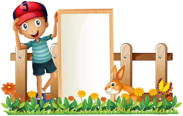 A boy holding a framed empty banner with a rabbit — Stock Vector