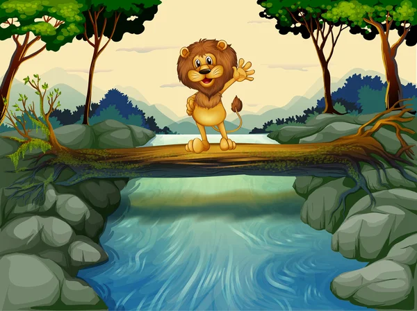 A lion standing at the trunk above the flowing river — Stock Vector