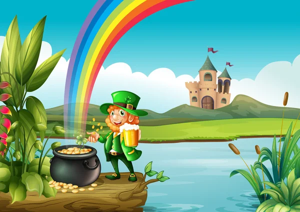 A man and a pot of gold above the trunk across the castle — Stock Vector