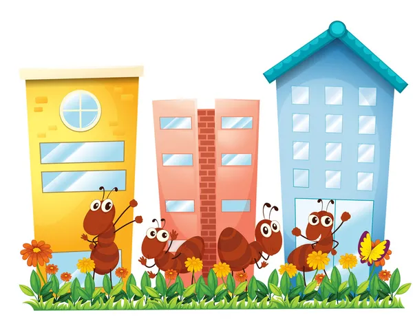 Ants at the garden in front of the high buildings — Stock Vector