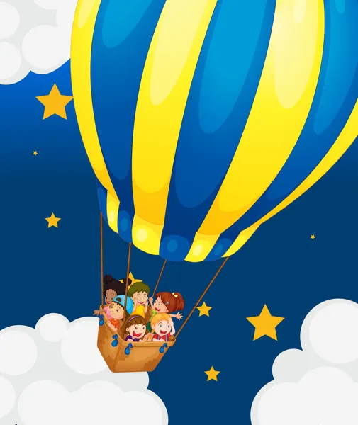 Шість дітей катаються на повітряній кулі — стоковий вектор