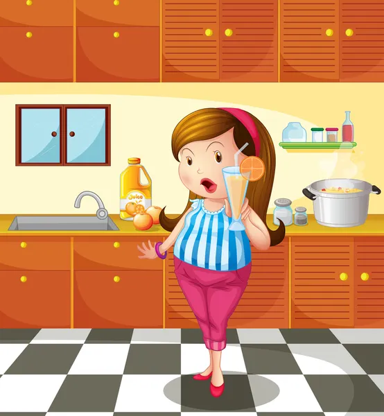 Seorang wanita memegang jus jeruk di dalam dapur - Stok Vektor