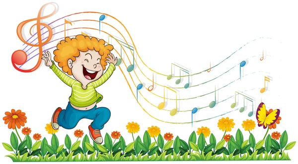 Un niño bailando en el jardín con notas musicales — Archivo Imágenes Vectoriales