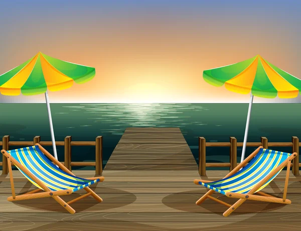 Plaj şemsiyeleri ve köprüdeki katlanabilir sandalye — Stok Vektör