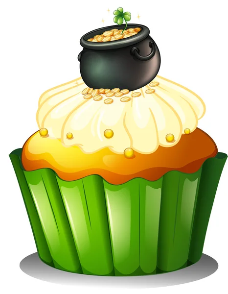 A pot of gold at the top of a cupcake — Stock Vector