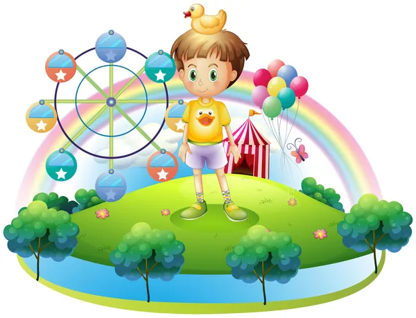 A boy with a rubber duck in an island with a carnival — Stock Vector